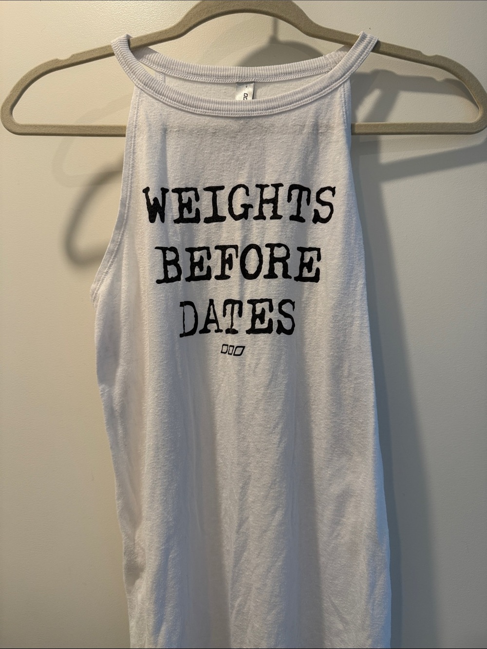 Lorna Jane White Tank Top with Black "Weights Before Dates" Print